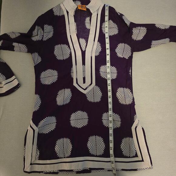 TORY BURCH Purple & White Long Sleeve V-Neck Tunic Sz 2 (721) - Picture 10 of 13